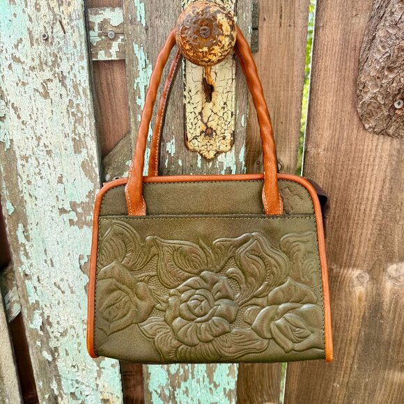 Patricia Nash Hunter Green & Brown Tooled Lather Bag & Shoulder Strap - Picture 1 of 10